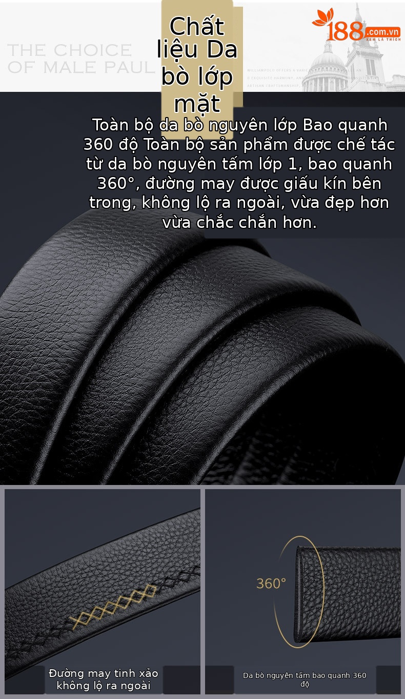 Thắt lưng da bò thật nam Emperor Paul khóa tự động hợp kim, dây da bò lớp đầu tiên — 120cm, 130cm, 110cm, 125cm chi tiết 8