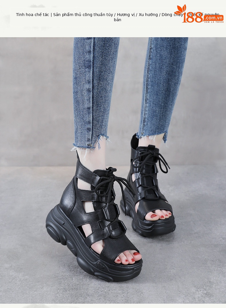 Sandal nữ da bò thật đế bánh xốp tăng chiều cao, quai mảnh cổ cao phong cách La Mã — Màu nâu chi tiết 1