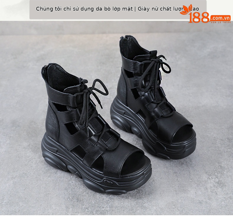 Sandal nữ da bò thật đế bánh xốp tăng chiều cao, quai mảnh cổ cao phong cách La Mã — Màu nâu chi tiết 2