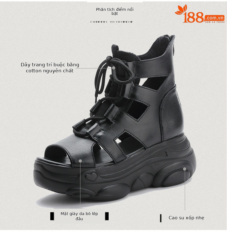 Sandal nữ da bò thật đế bánh xốp tăng chiều cao, quai mảnh cổ cao phong cách La Mã — Màu nâu chi tiết 3