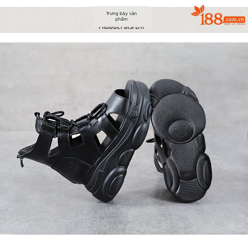 Sandal nữ da bò thật đế bánh xốp tăng chiều cao, quai mảnh cổ cao phong cách La Mã — Màu nâu chi tiết 9