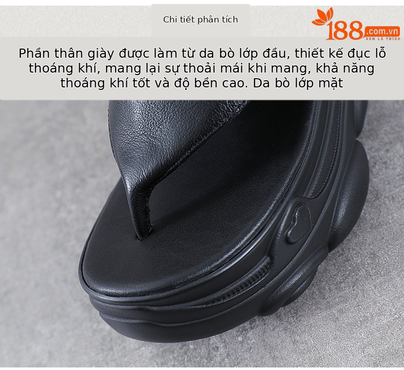 Dép tông nữ xỏ ngón đế dày da bò thật — Màu đen chi tiết 4