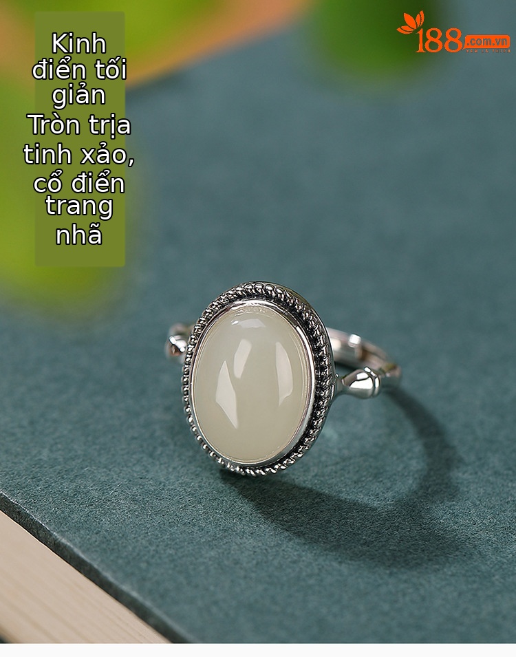 Nhẫn bạc S925 đính ngọc Hetian hình trứng xoắn cổ điển — Mở một size chi tiết 2