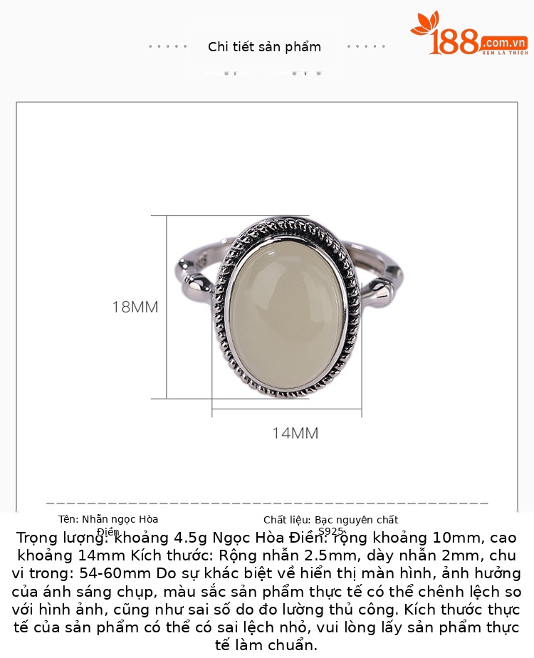 Nhẫn bạc S925 đính ngọc Hetian hình trứng xoắn cổ điển — Mở một size chi tiết 3