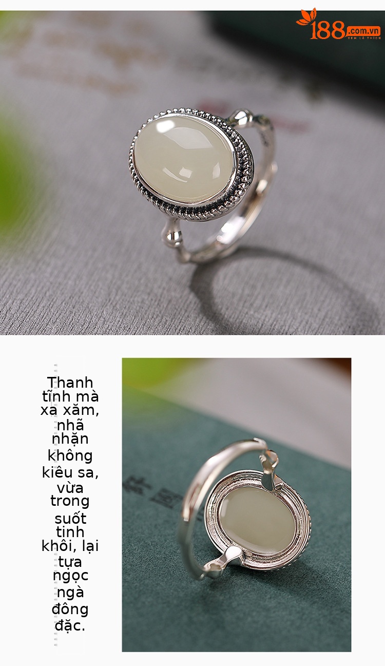 Nhẫn bạc S925 đính ngọc Hetian hình trứng xoắn cổ điển — Mở một size chi tiết 4