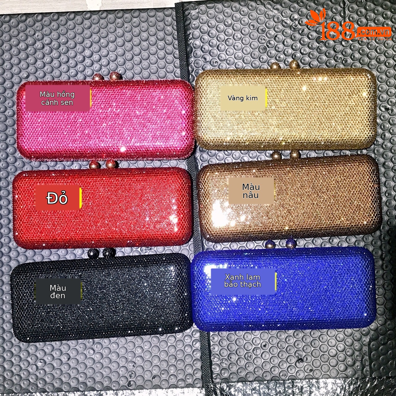 Túi clutch nữ đính đá lấp lánh phong cách Âu Mỹ, dáng vuông ngang nhỏ gọn — Màu nâu chi tiết 1
