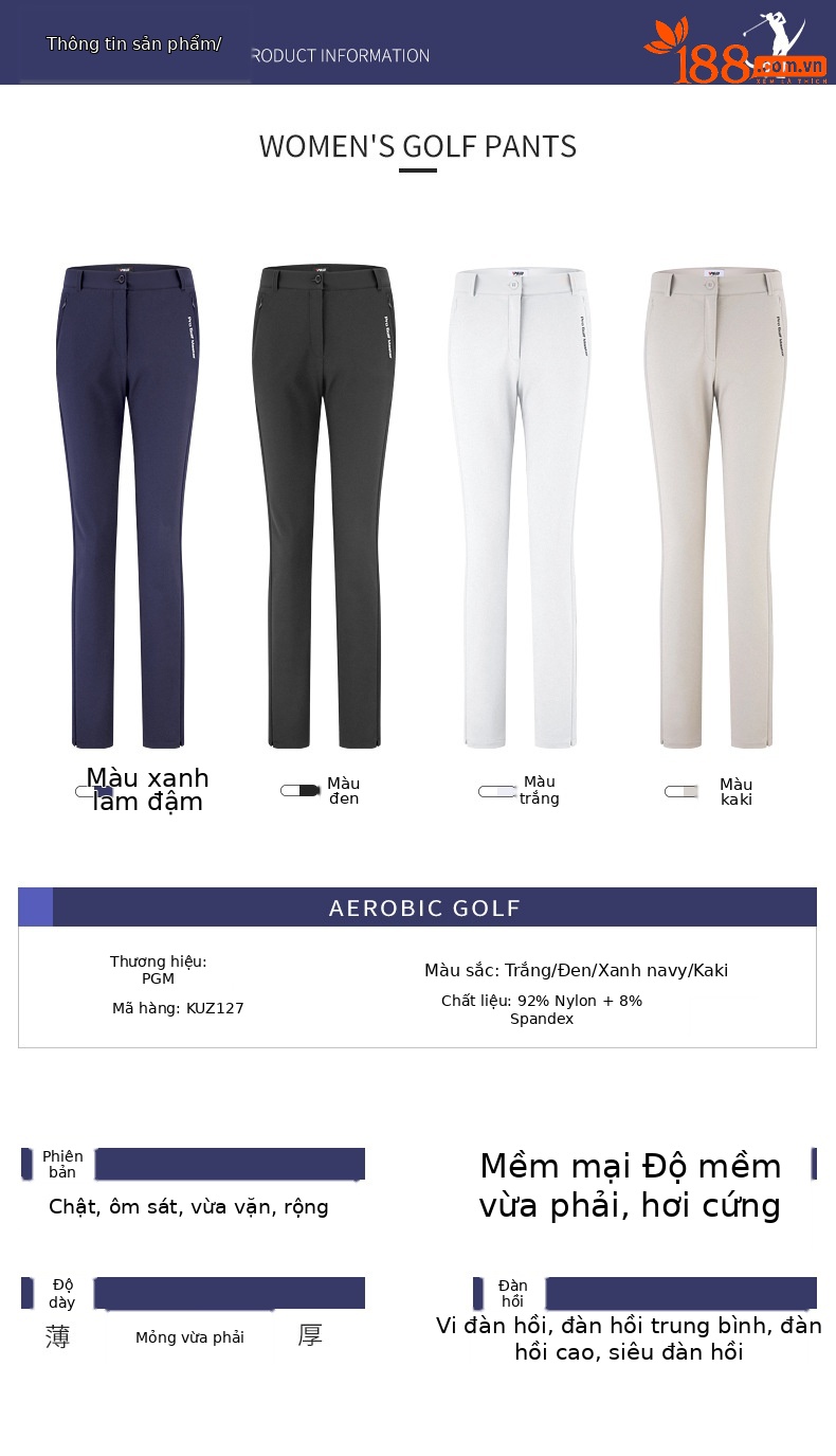 Quần golf nữ PGM dài, co giãn cao, chống thấm nước, dáng ôm thể thao — KUZ127-Xanh Navy [Dày dặn cho mùa Thu Đông] chi tiết 4