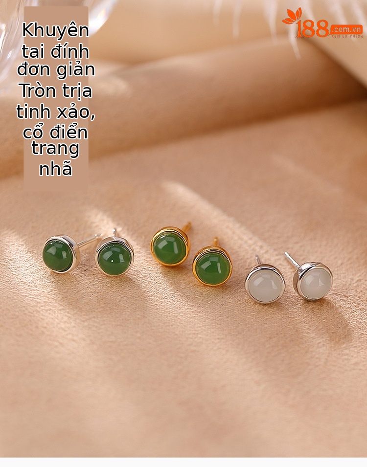 Bông tai bạc S925 mạ vàng đính ngọc bích trắng hạt tròn phong cách hoang dã — Mẫu Vàng jasper chi tiết 1