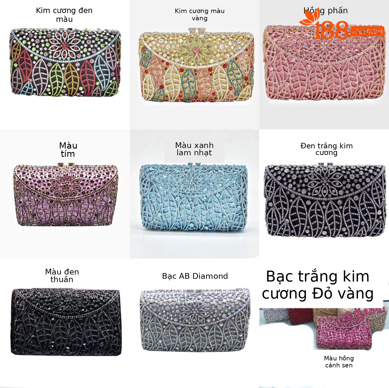 Túi clutch dạ tiệc đính kim cương hình vuông ngang — Màu bạc abkim Cương chi tiết 1