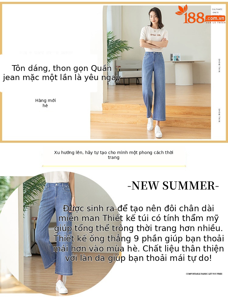 Quần jean ống rộng cạp cao dáng suông chín phần cho nữ chất Tencel mỏng mùa xuân hè — Màu xanh lam chi tiết 2