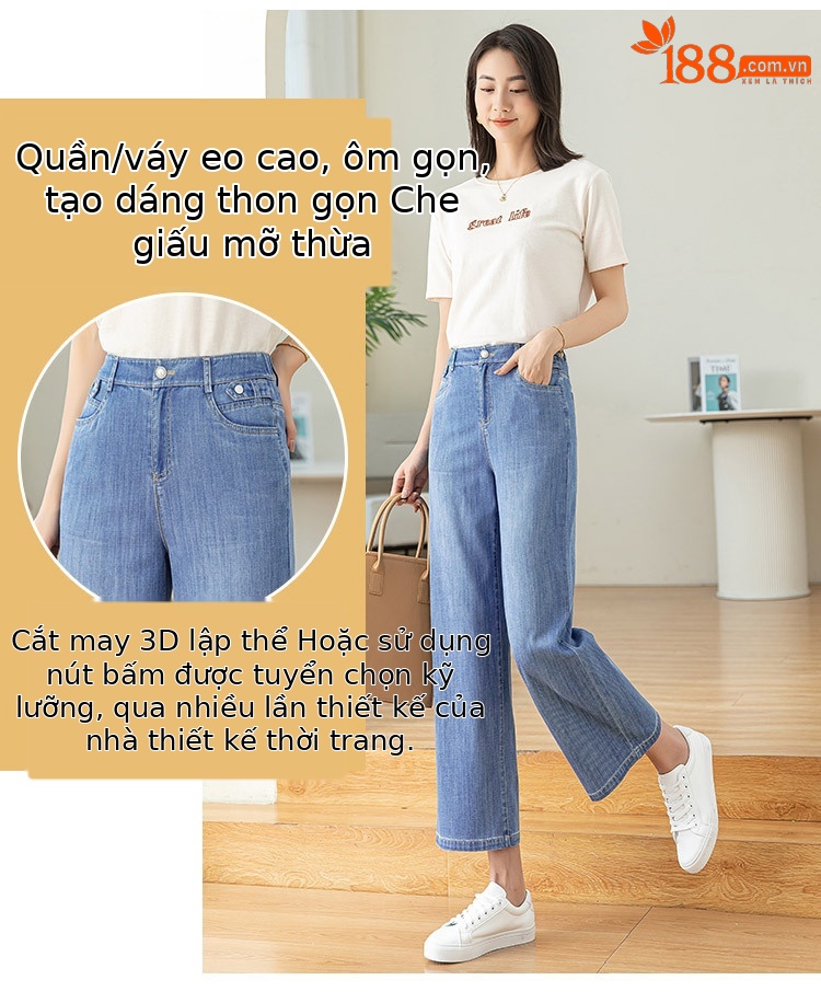 Quần jean ống rộng cạp cao dáng suông chín phần cho nữ chất Tencel mỏng mùa xuân hè — Màu xanh lam chi tiết 5