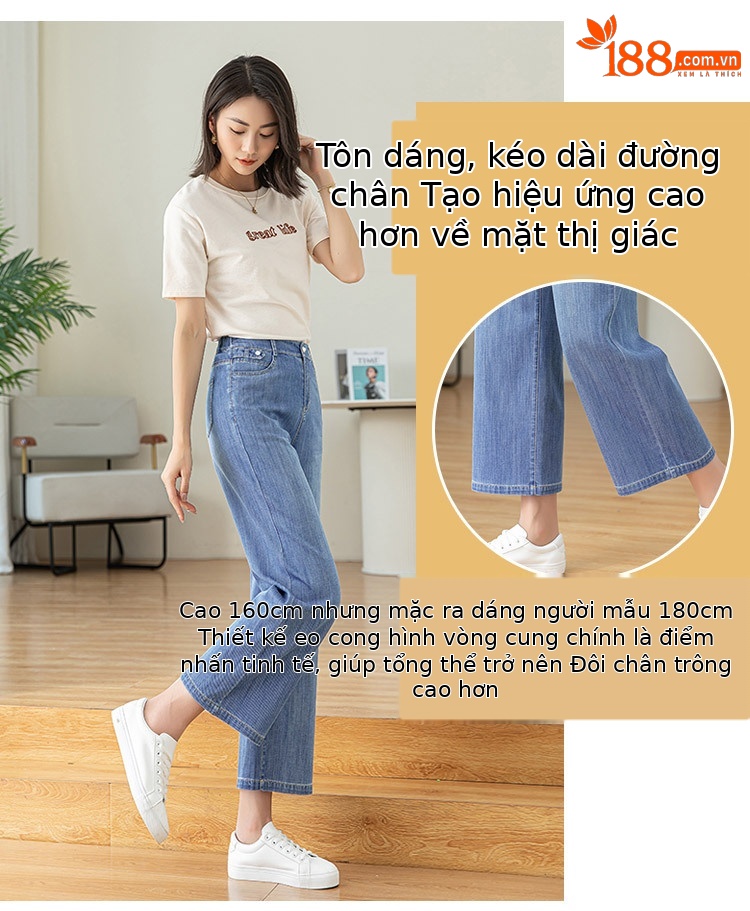 Quần jean ống rộng cạp cao dáng suông chín phần cho nữ chất Tencel mỏng mùa xuân hè — Màu xanh lam chi tiết 6