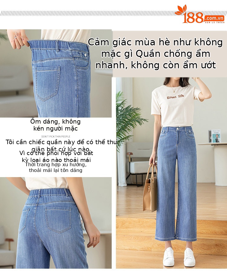Quần jean ống rộng cạp cao dáng suông chín phần cho nữ chất Tencel mỏng mùa xuân hè — Màu xanh lam chi tiết 7