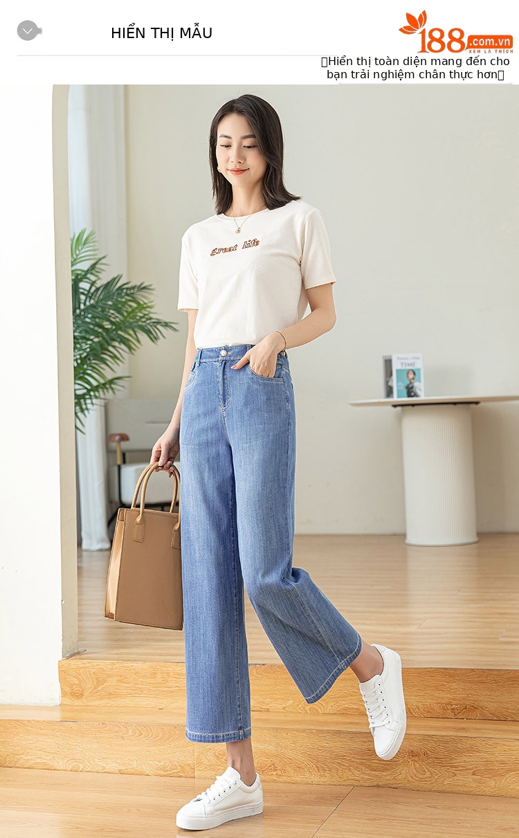 Quần jean ống rộng cạp cao dáng suông chín phần cho nữ chất Tencel mỏng mùa xuân hè — Màu xanh lam chi tiết 8