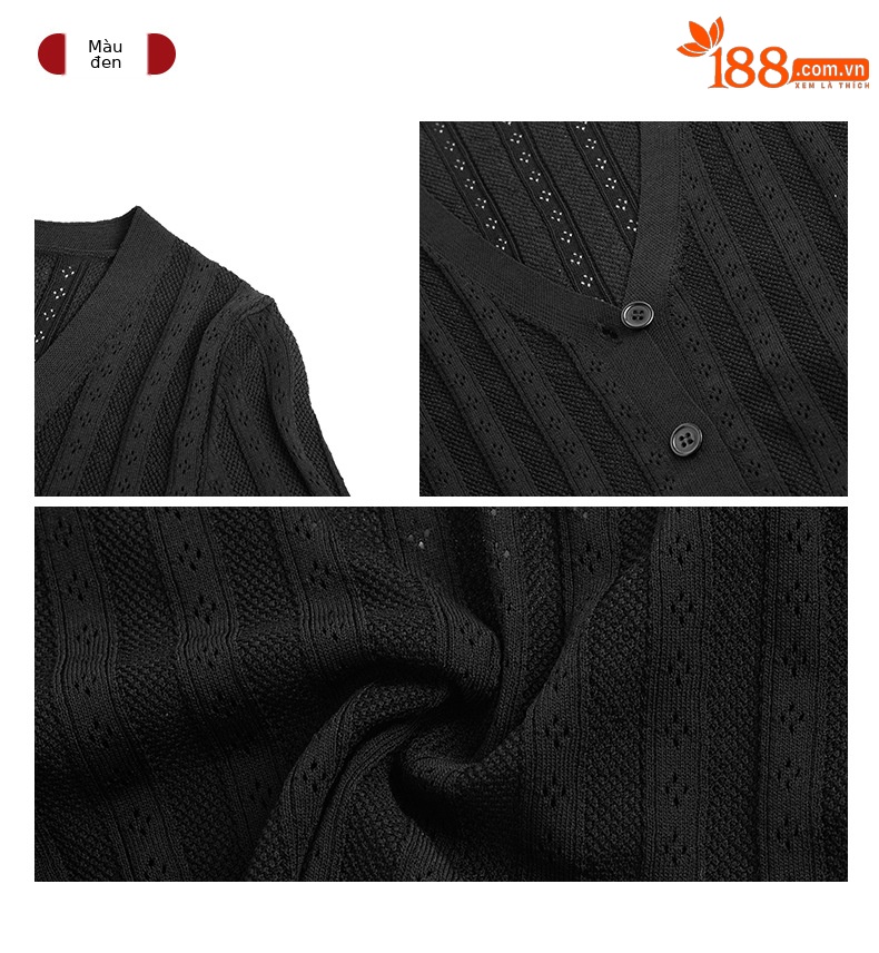 Áo cardigan nữ dệt kim mỏng chống nắng, tay ngắn, dáng suông, phối khăn choàng — Màu đen chi tiết 3