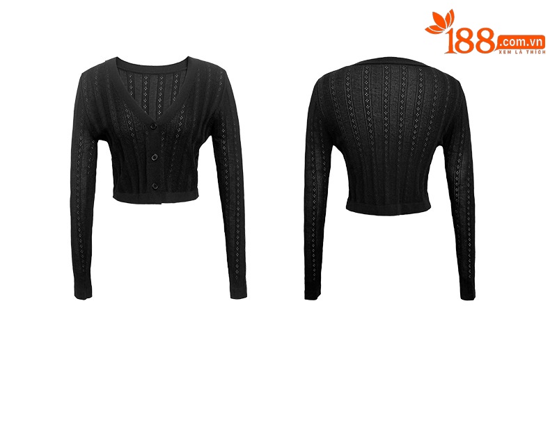 Áo cardigan nữ dệt kim mỏng chống nắng, tay ngắn, dáng suông, phối khăn choàng — Màu đen chi tiết 5