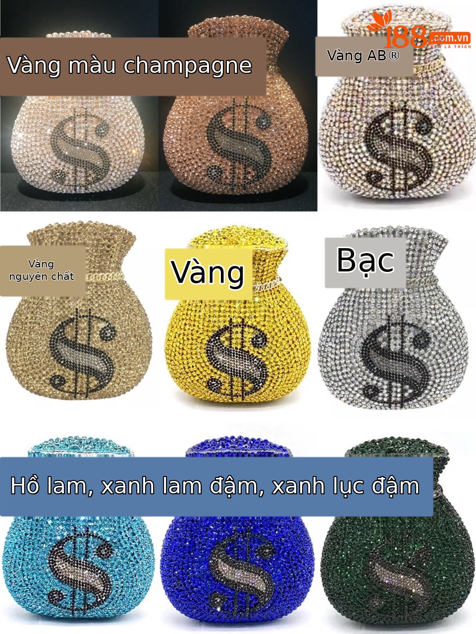 Túi clutch nữ đính đá pha lê kim cương dạ tiệc — Vàng kim AB chi tiết 1