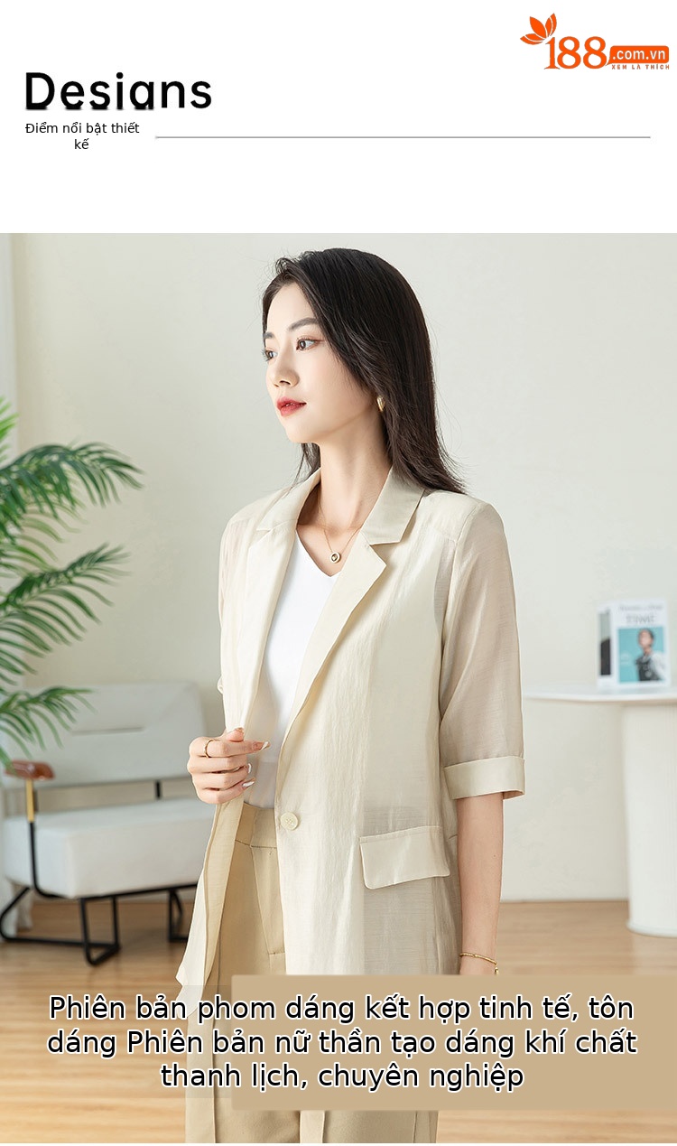 Áo blazer nữ tay ngắn cổ ve rộng, dáng suông, chất Tencel mỏng nhẹ mùa xuân hè — Màu tím chi tiết 4