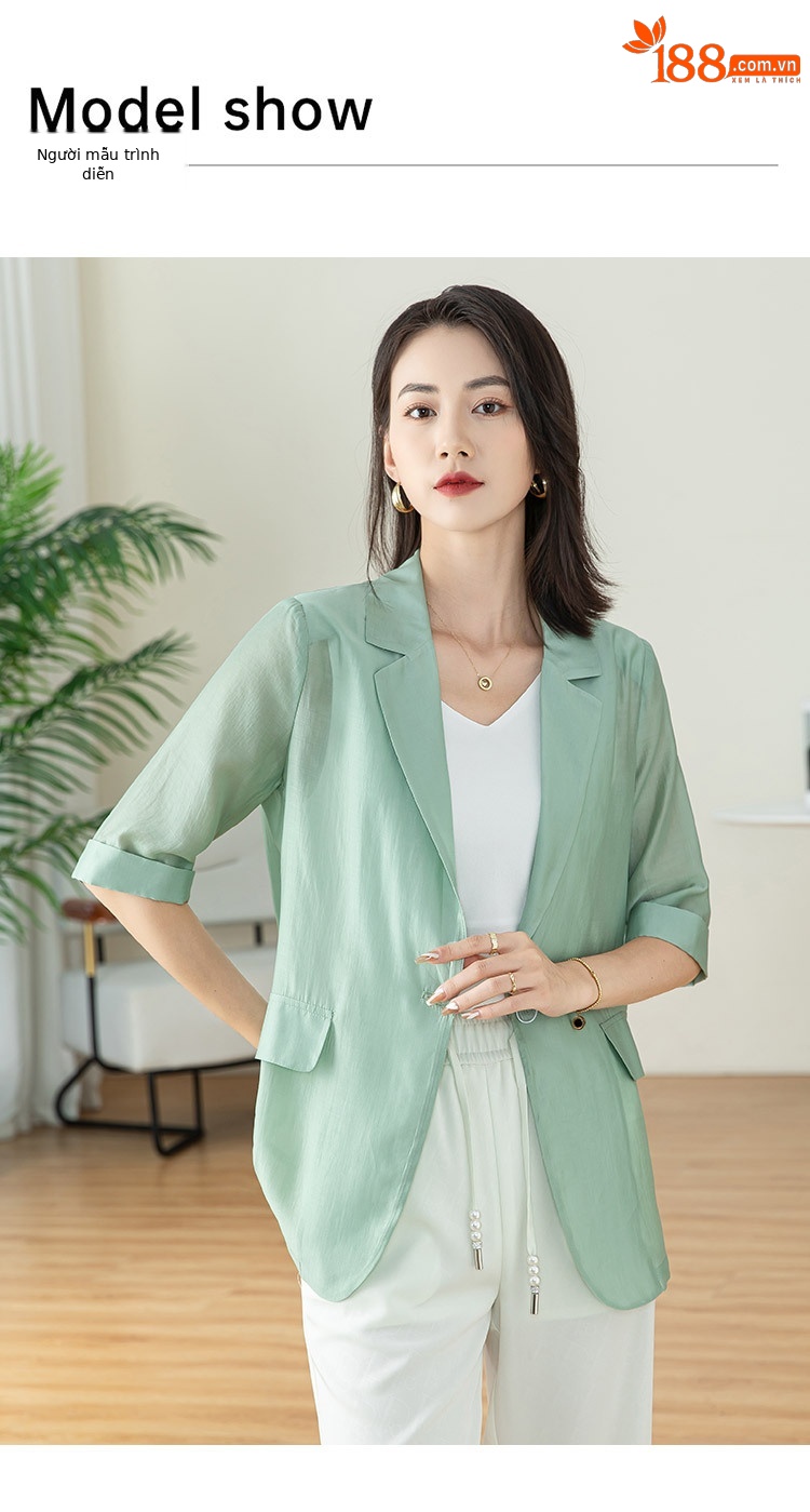 Áo blazer nữ tay ngắn cổ ve rộng, dáng suông, chất Tencel mỏng nhẹ mùa xuân hè — Màu tím chi tiết 7