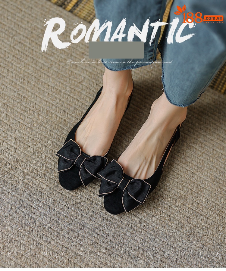 Sandal nữ bít mũi đế bệt phong cách cổ điển nơ phối màu — Màu đen chi tiết 1