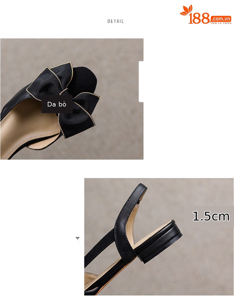 Sandal nữ bít mũi đế bệt phong cách cổ điển nơ phối màu — Màu đen chi tiết 7
