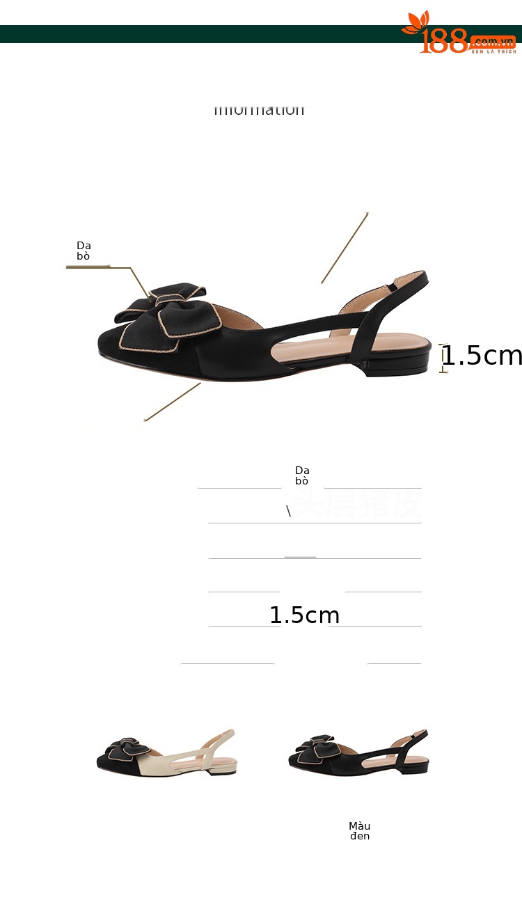 Sandal nữ bít mũi đế bệt phong cách cổ điển nơ phối màu — Màu đen chi tiết 6