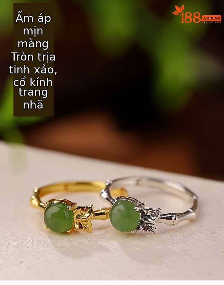 Nhẫn bạc S925 mạ vàng đính hạt ngọc bích jasper hình lá tre phong cách mục vụ — Kiểu màu bạc chi tiết 2
