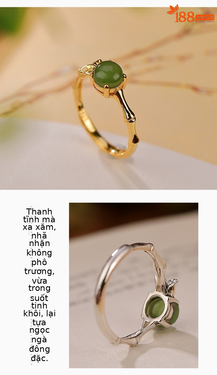 Nhẫn bạc S925 mạ vàng đính hạt ngọc bích jasper hình lá tre phong cách mục vụ — Kiểu màu bạc chi tiết 4
