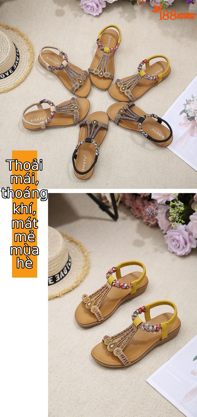 Dép sandal nữ quai co giãn đế nhẹ thoải mái mùa hè — Màu đen, Thoải mái/chống trượt/sau khi bán lẻ, Màu vàng, Màu mơ chi tiết 5