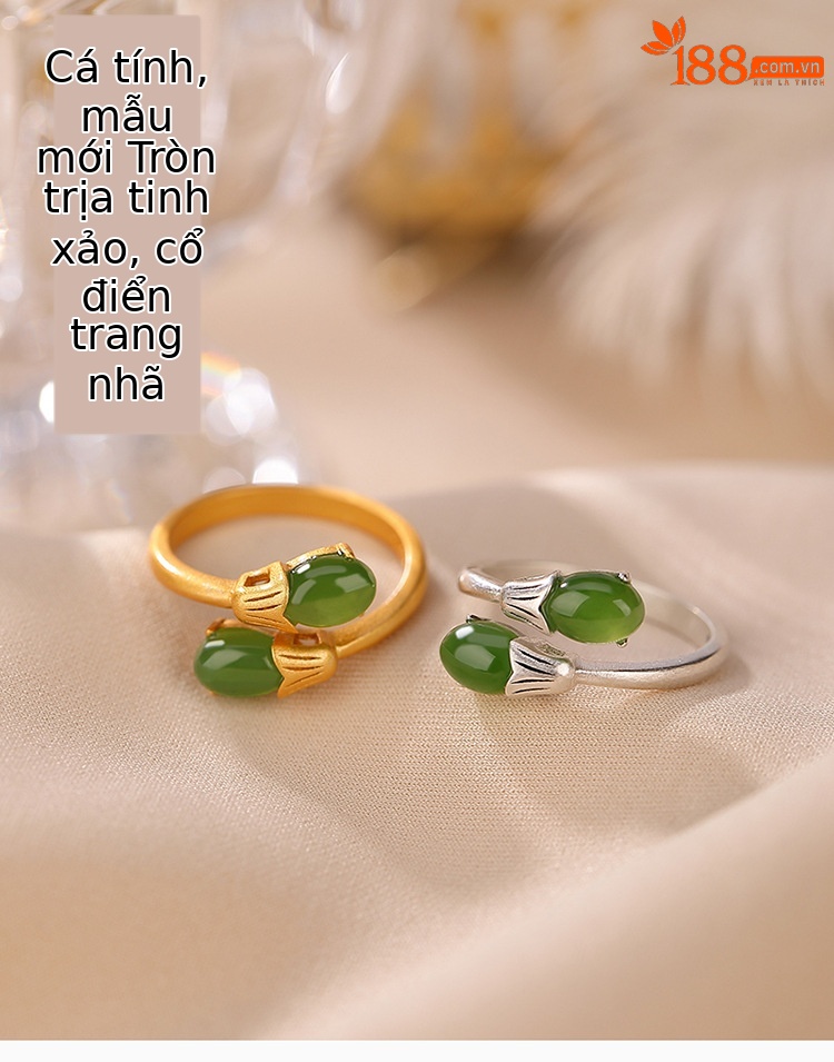 Nhẫn bạc S925 mạ vàng mặt ngọc bích hình trứng hoa retro cá tính — Kiểu màu bạc, Kiểu màu vàng chi tiết 1