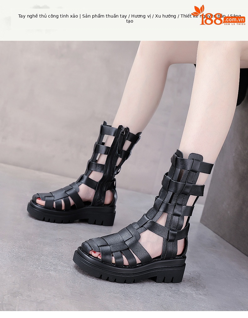 Boot nữ cổ cao da lỗ thoáng khí đế xốp dày — Màu đen chi tiết 1