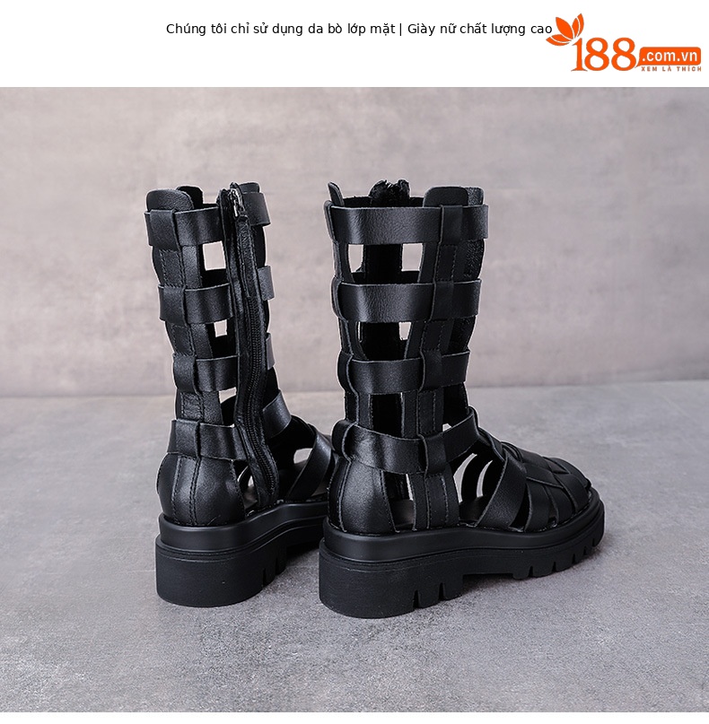 Boot nữ cổ cao da lỗ thoáng khí đế xốp dày — Màu đen chi tiết 2
