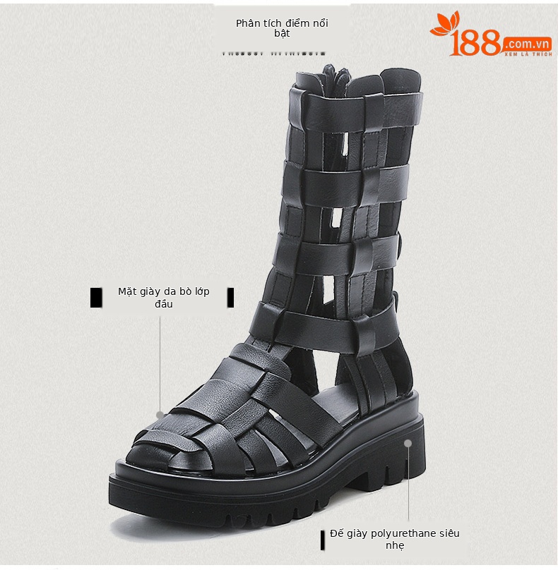 Boot nữ cổ cao da lỗ thoáng khí đế xốp dày — Màu đen chi tiết 3