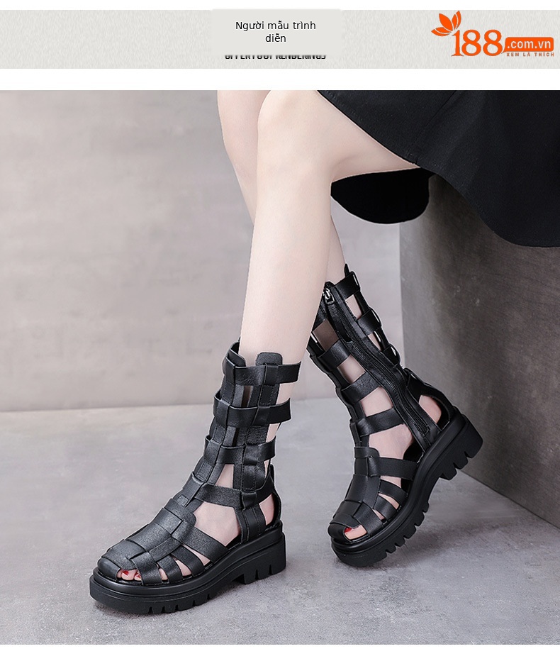 Boot nữ cổ cao da lỗ thoáng khí đế xốp dày — Màu đen chi tiết 9