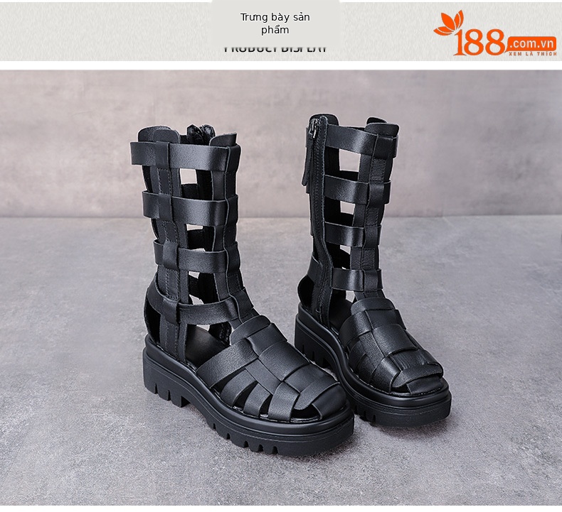 Boot nữ cổ cao da lỗ thoáng khí đế xốp dày — Màu đen chi tiết 10