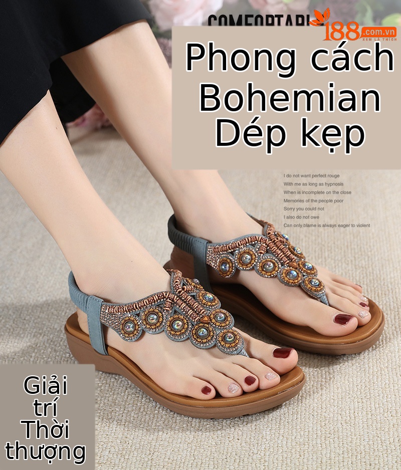 Dép xỏ ngón nữ phong cách Boho 2026 đính đá pha lê quai gót đàn hồi — Màu đen, Thoải mái/chống trượt/sau khi bán lẻ, Màu xám, Màu mơ chi tiết 2