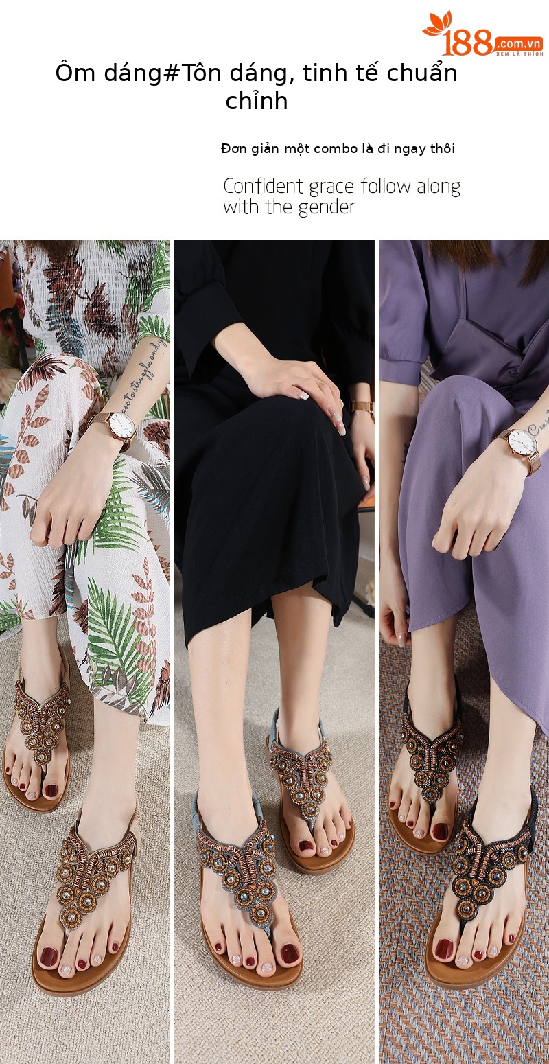 Dép xỏ ngón nữ phong cách Boho 2026 đính đá pha lê quai gót đàn hồi — Màu đen, Thoải mái/chống trượt/sau khi bán lẻ, Màu xám, Màu mơ chi tiết 3