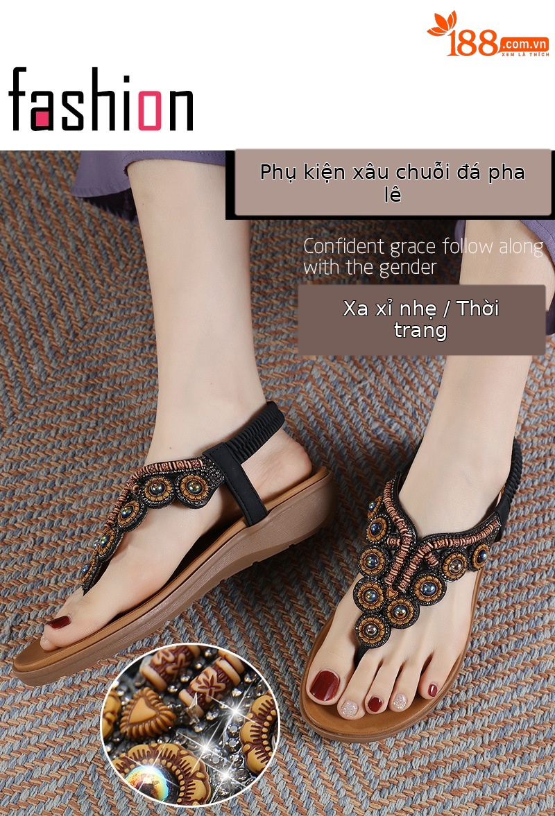 Dép xỏ ngón nữ phong cách Boho 2026 đính đá pha lê quai gót đàn hồi — Màu đen, Thoải mái/chống trượt/sau khi bán lẻ, Màu xám, Màu mơ chi tiết 4