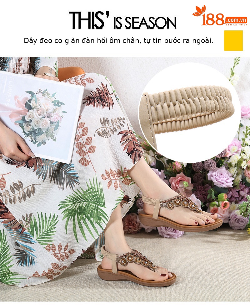 Dép xỏ ngón nữ phong cách Boho 2026 đính đá pha lê quai gót đàn hồi — Màu đen, Thoải mái/chống trượt/sau khi bán lẻ, Màu xám, Màu mơ chi tiết 5