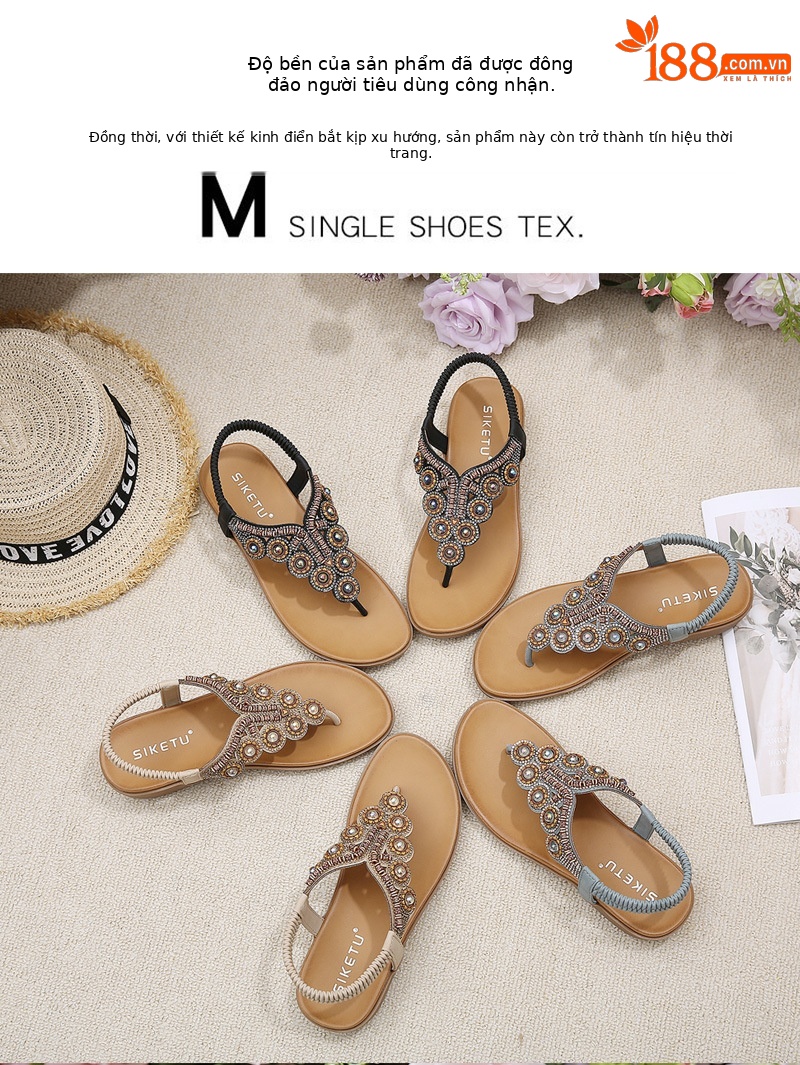 Dép xỏ ngón nữ phong cách Boho 2026 đính đá pha lê quai gót đàn hồi — Màu đen, Thoải mái/chống trượt/sau khi bán lẻ, Màu xám, Màu mơ chi tiết 6