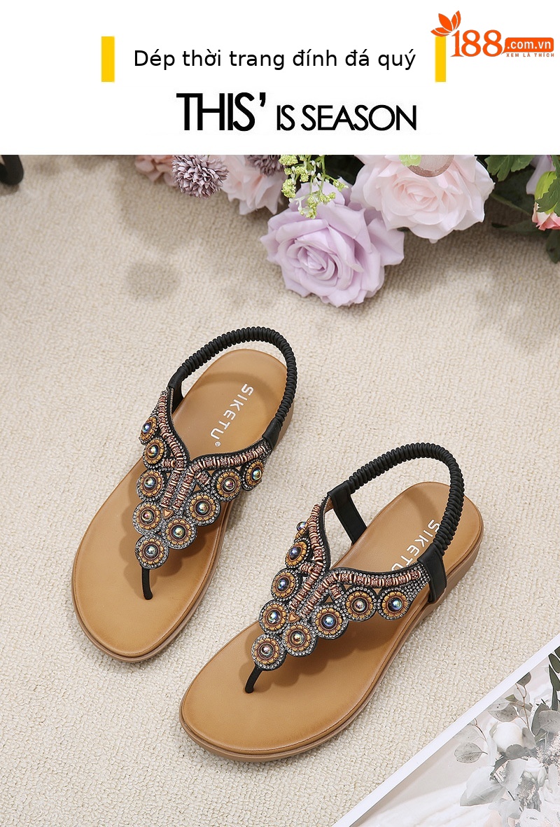 Dép xỏ ngón nữ phong cách Boho 2026 đính đá pha lê quai gót đàn hồi — Màu đen, Thoải mái/chống trượt/sau khi bán lẻ, Màu xám, Màu mơ chi tiết 9