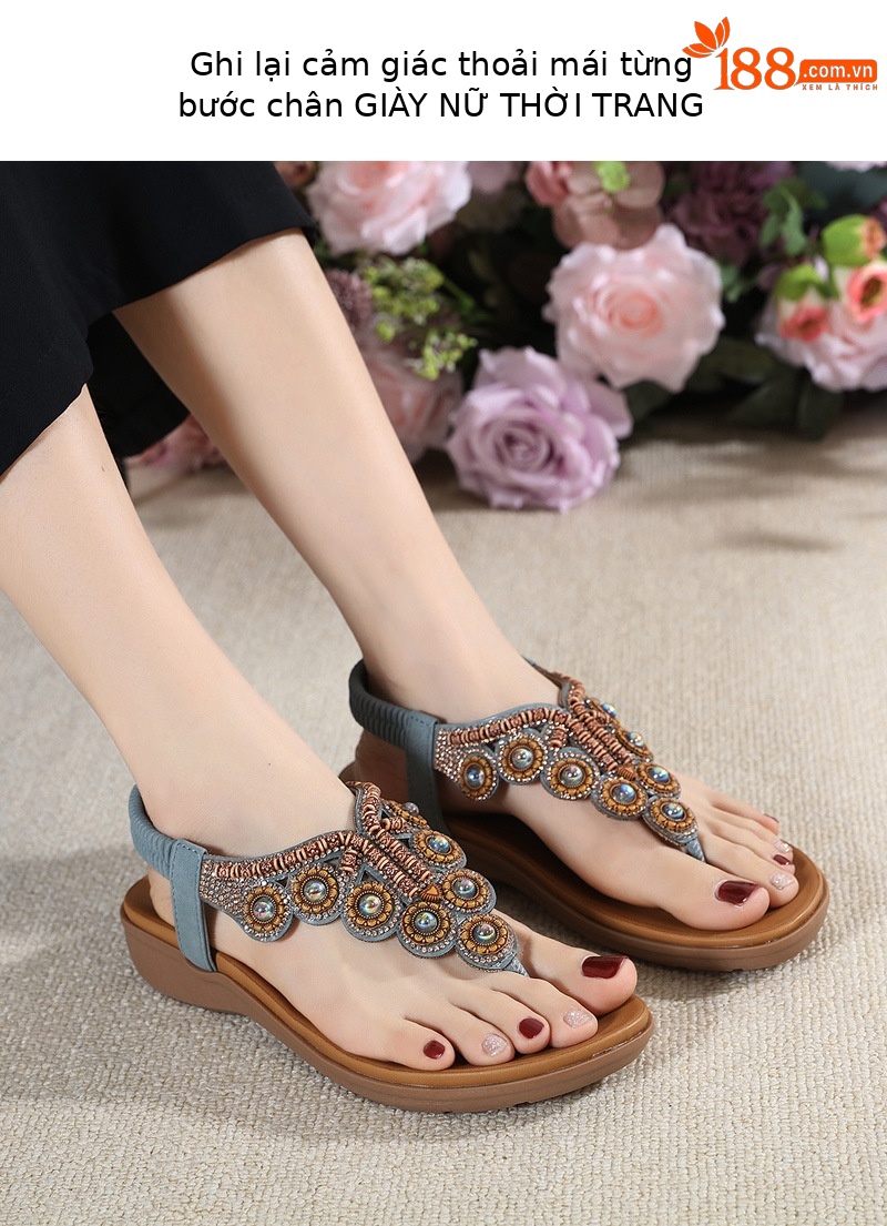 Dép xỏ ngón nữ phong cách Boho 2026 đính đá pha lê quai gót đàn hồi — Màu đen, Thoải mái/chống trượt/sau khi bán lẻ, Màu xám, Màu mơ chi tiết 28