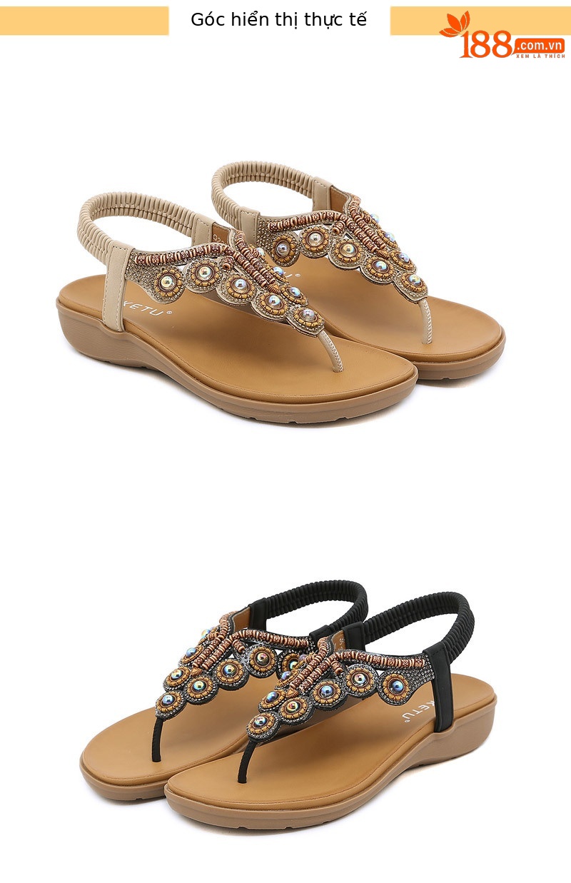 Dép xỏ ngón nữ phong cách Boho 2026 đính đá pha lê quai gót đàn hồi — Màu đen, Thoải mái/chống trượt/sau khi bán lẻ, Màu xám, Màu mơ chi tiết 40
