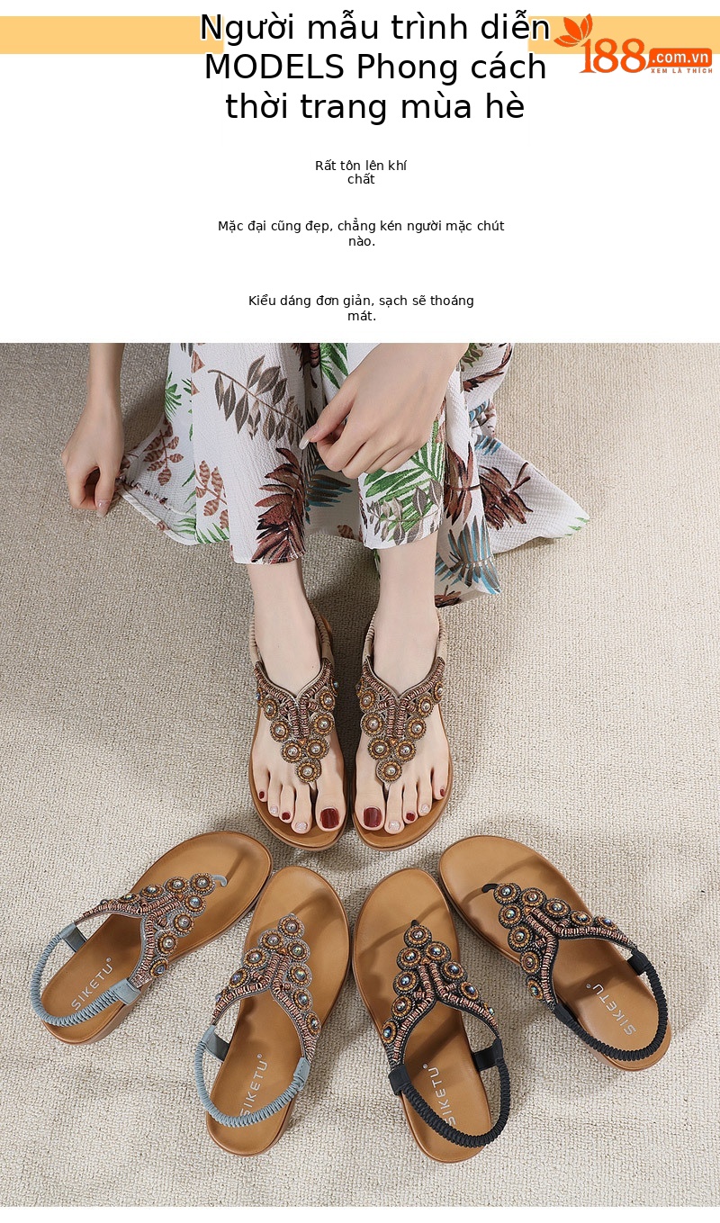 Dép xỏ ngón nữ phong cách Boho 2026 đính đá pha lê quai gót đàn hồi — Màu đen, Thoải mái/chống trượt/sau khi bán lẻ, Màu xám, Màu mơ chi tiết 15