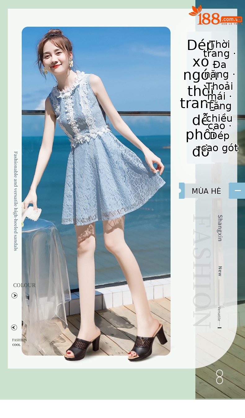 Dép sandal nữ quai chữ V đế xuồng gót trung bình lưới rỗng mềm mại — Đen 10CM, Trắng 10CM, Màu trắng 8CM, Đen 8CM chi tiết 1
