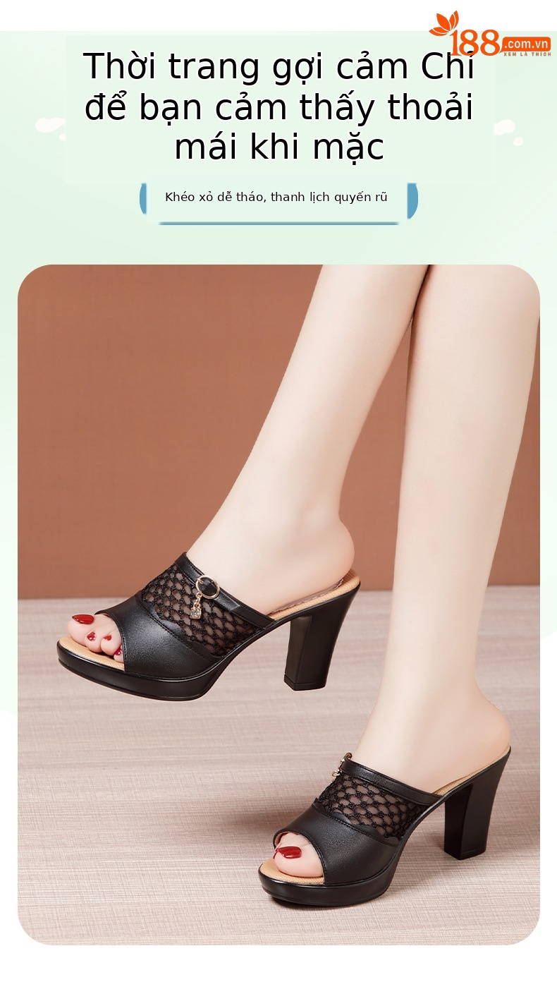Dép sandal nữ quai chữ V đế xuồng gót trung bình lưới rỗng mềm mại — Đen 10CM, Trắng 10CM, Màu trắng 8CM, Đen 8CM chi tiết 3