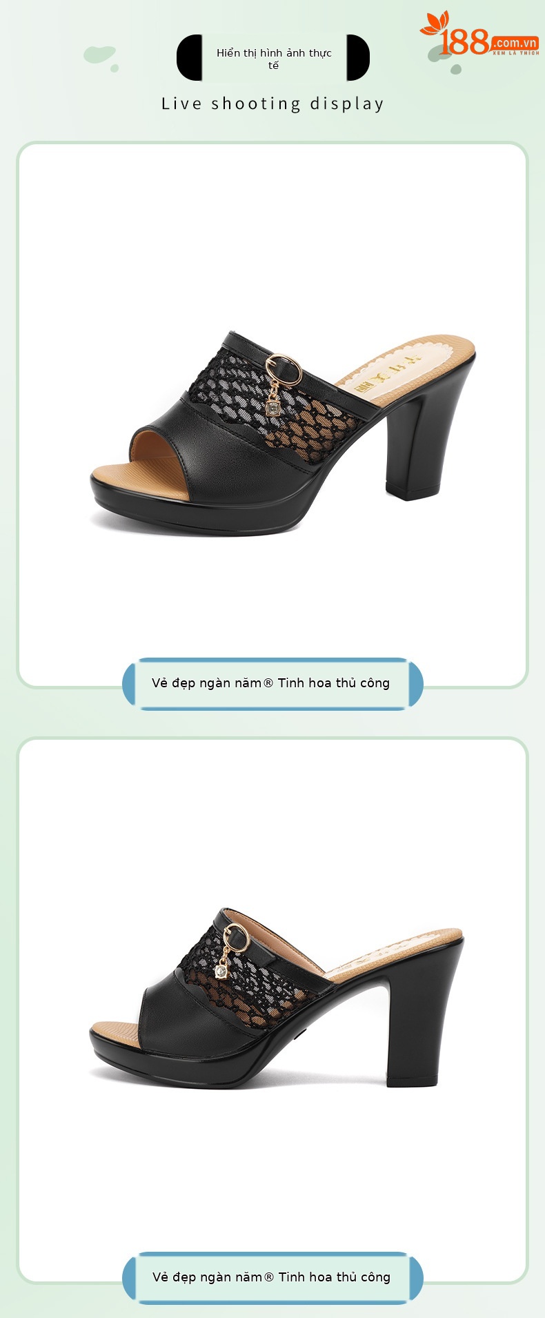 Dép sandal nữ quai chữ V đế xuồng gót trung bình lưới rỗng mềm mại — Đen 10CM, Trắng 10CM, Màu trắng 8CM, Đen 8CM chi tiết 8
