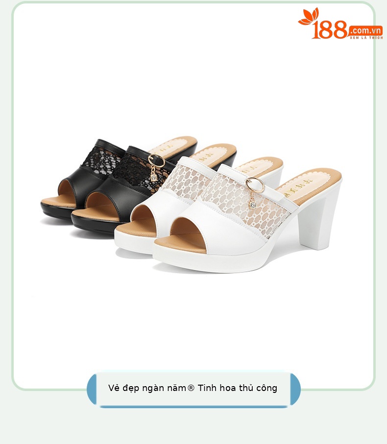 Dép sandal nữ quai chữ V đế xuồng gót trung bình lưới rỗng mềm mại — Đen 10CM, Trắng 10CM, Màu trắng 8CM, Đen 8CM chi tiết 11