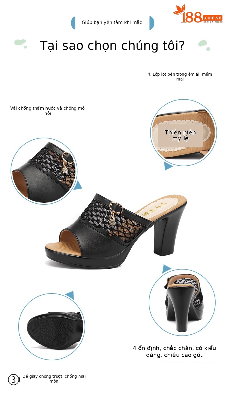 Dép sandal nữ quai chữ V đế xuồng gót trung bình lưới rỗng mềm mại — Đen 10CM, Trắng 10CM, Màu trắng 8CM, Đen 8CM chi tiết 2
