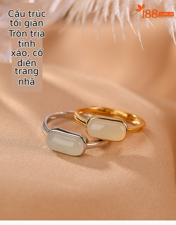Nhẫn nữ bạc S925 mạ vàng đính ngọc bích Hetian tự nhiên, kiểu hở mặt sáng đa năng — Kiểu màu bạc chi tiết 2